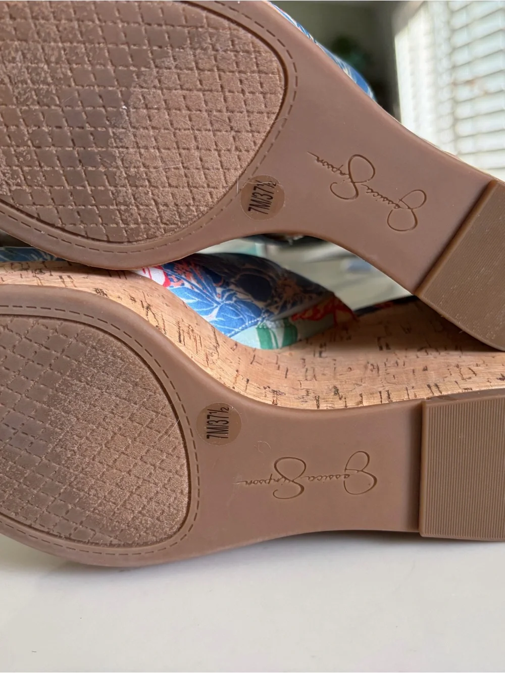 Jessica Simpson Blue Floral Cork Wedge Slides